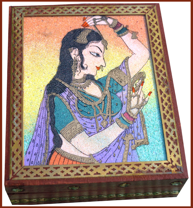Wooden jewelry box with glass gem stone painting and brass border from India! 