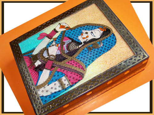 GEMSTONE PAINTING DESIGNER WOOD BRASS JEWELRY BOX INDIA  