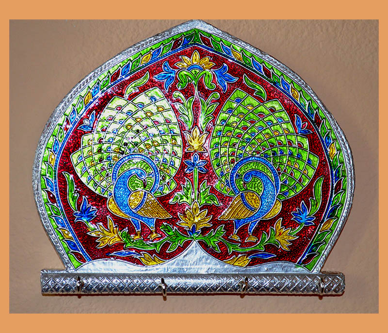 white metal meenakari key holder, wall mounted key organizer with 4