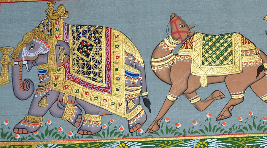 Original Miniature Painting of Decorated Elephant, Camel, Horse on Silk ...