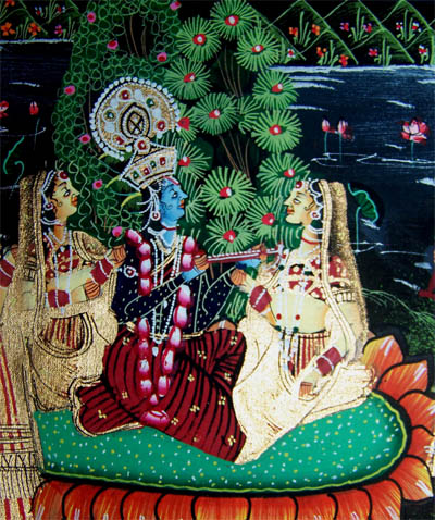 RADHA KRISHNA LOVE SCENE MINIATURE CLOTH PAINTING INDIA  